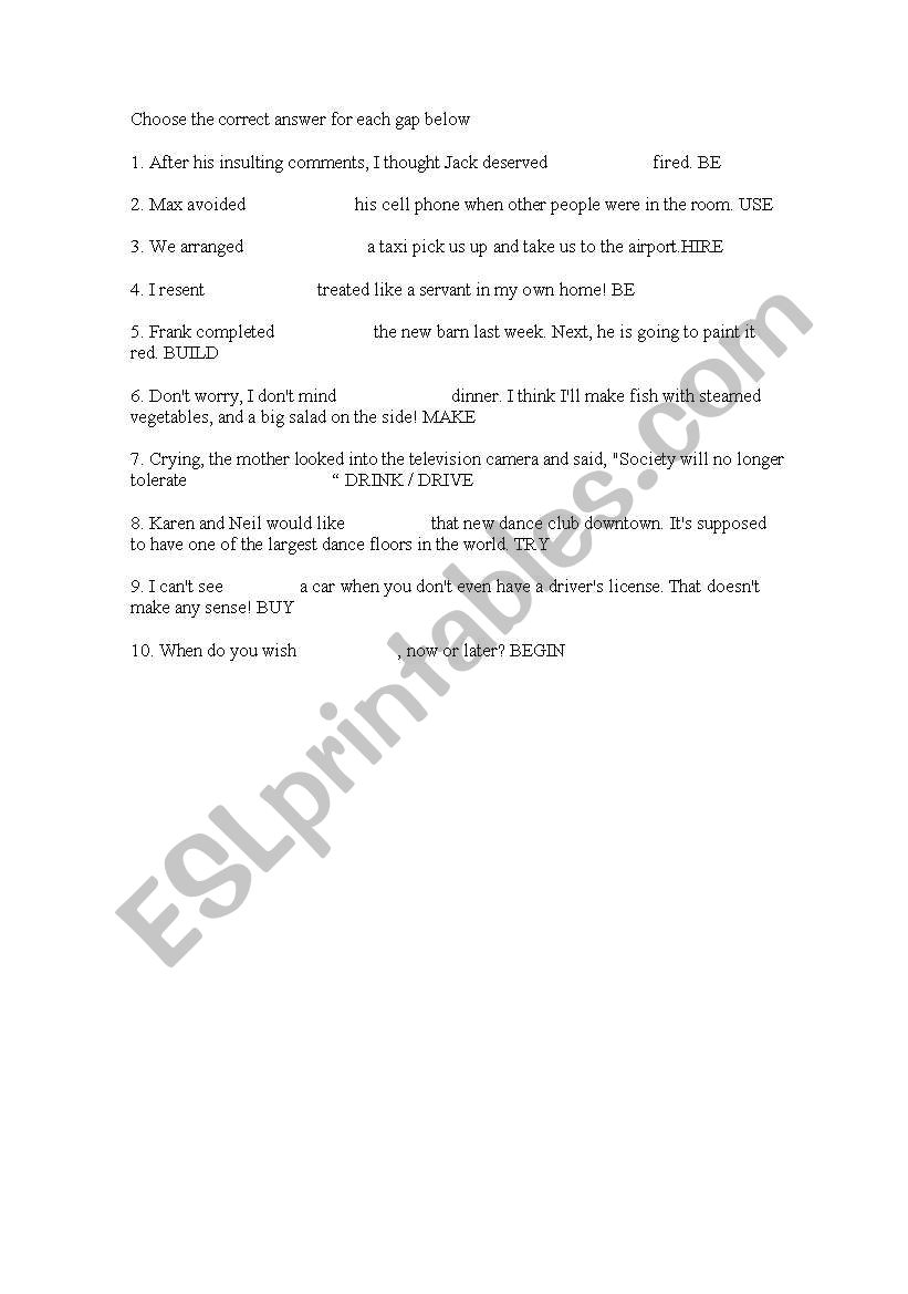 GERUND INFINITIVE worksheet