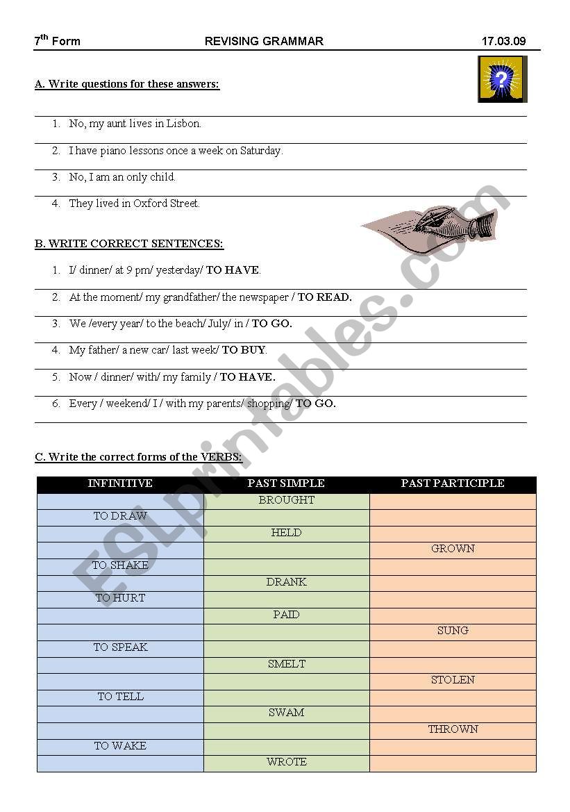 Grammar remedial work worksheet