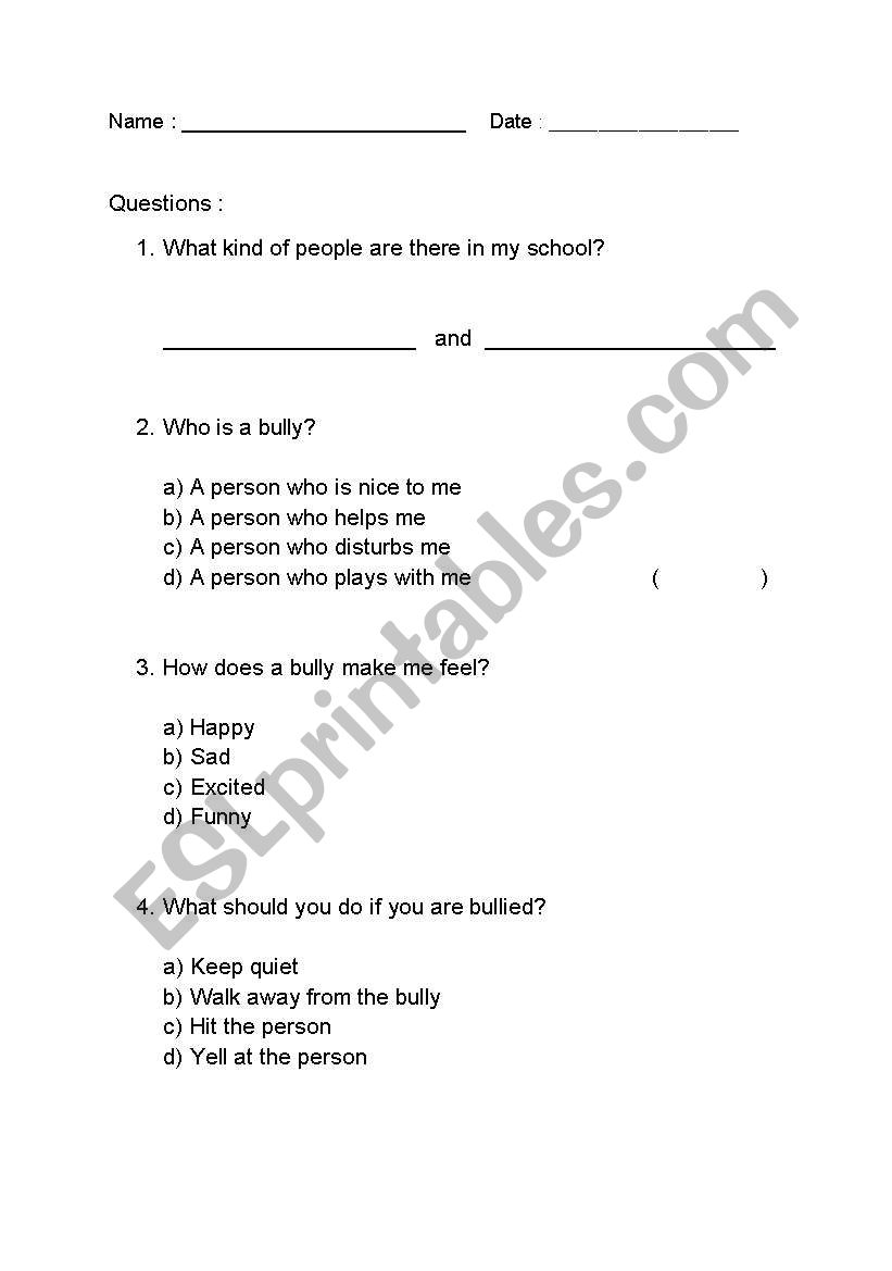 Questions on Bullies worksheet