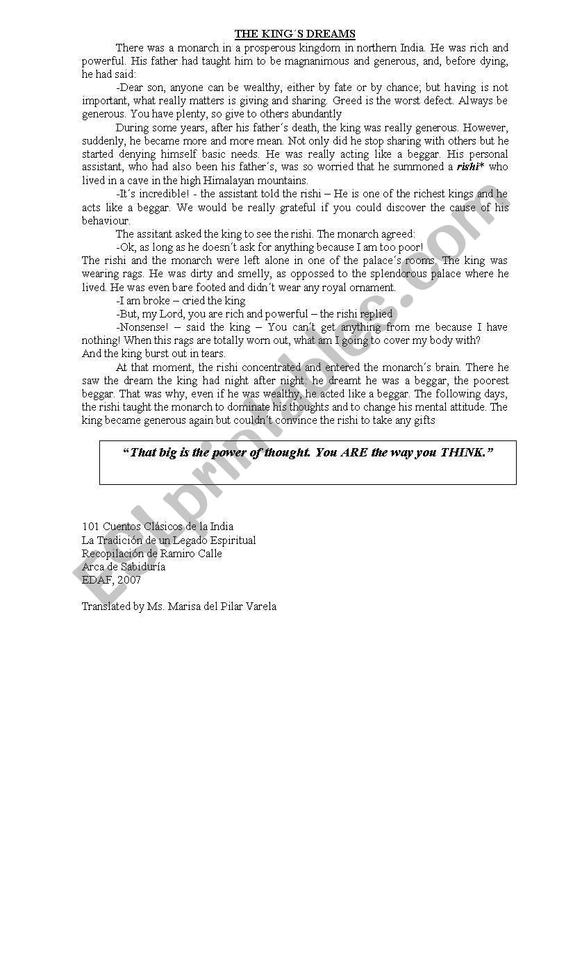 The kings dreams worksheet