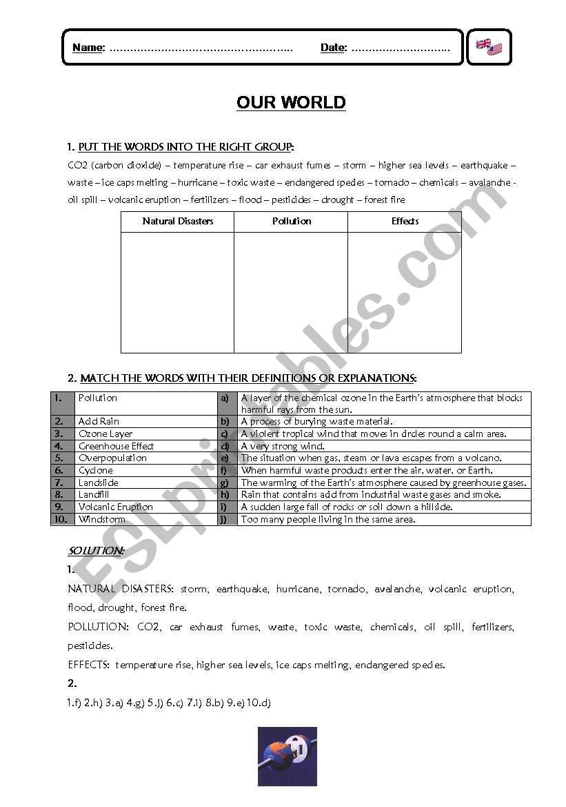 OUR WORLD worksheet