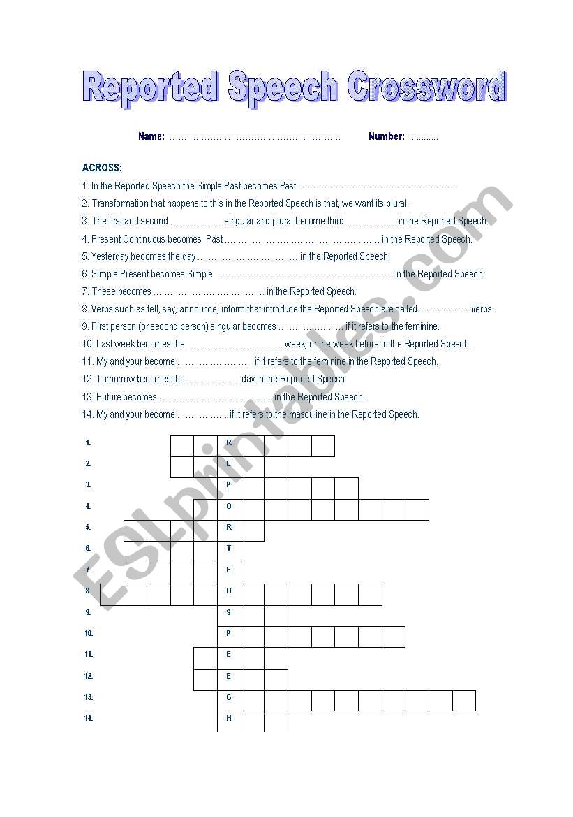 Reported Speech Crossword worksheet