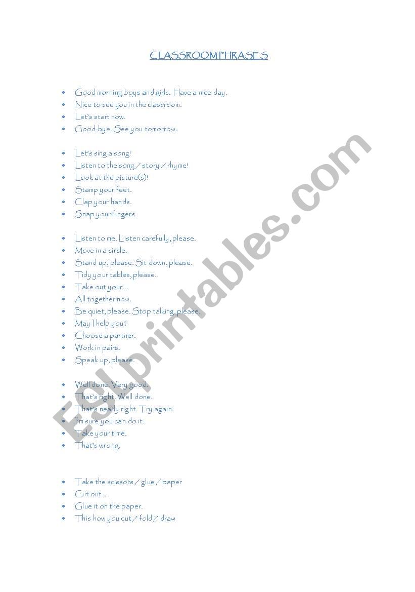 classroom phrases worksheet