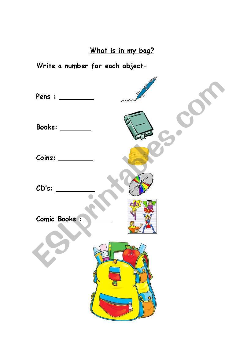 Whats in my bag worksheet