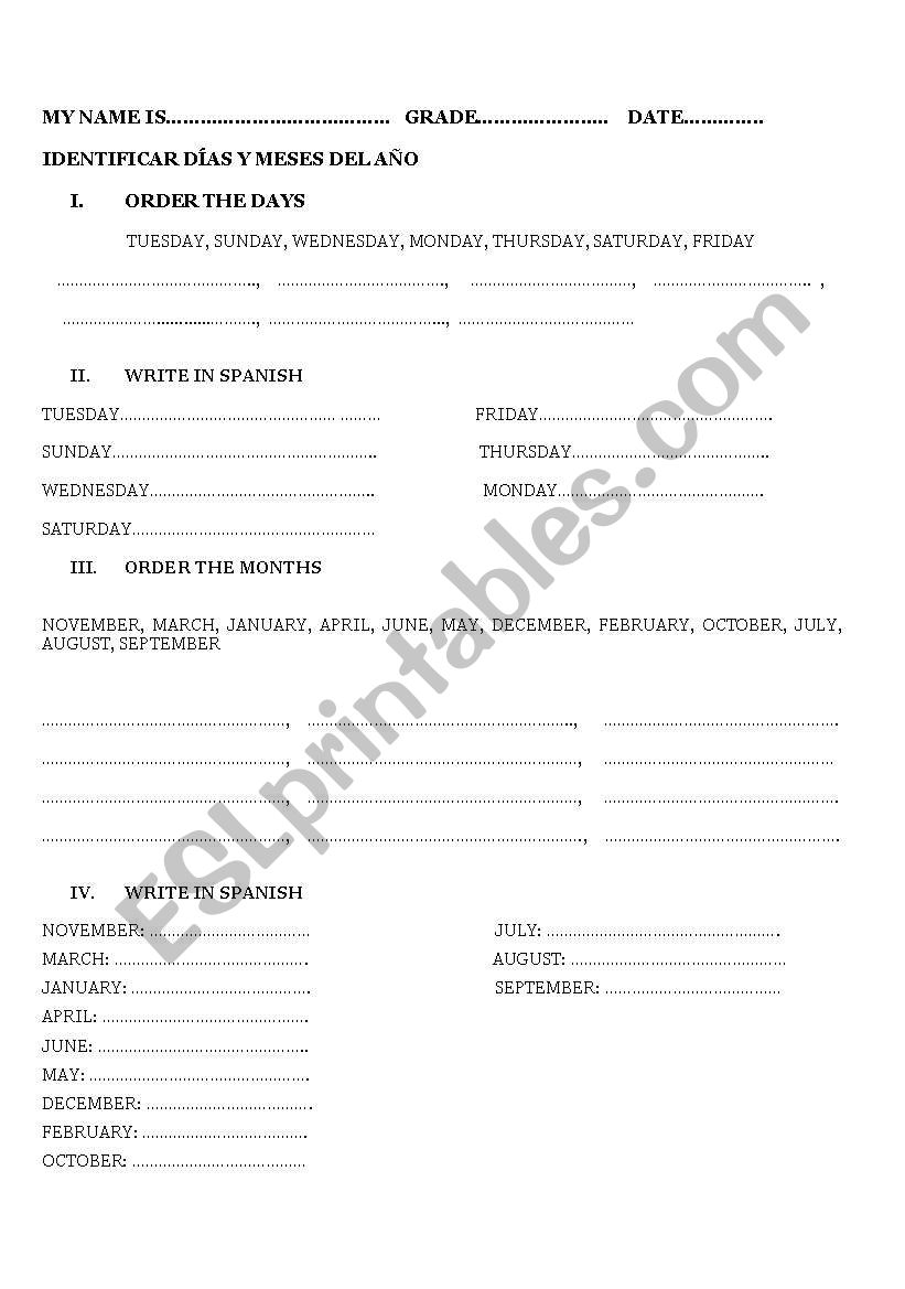 days of the week worksheet