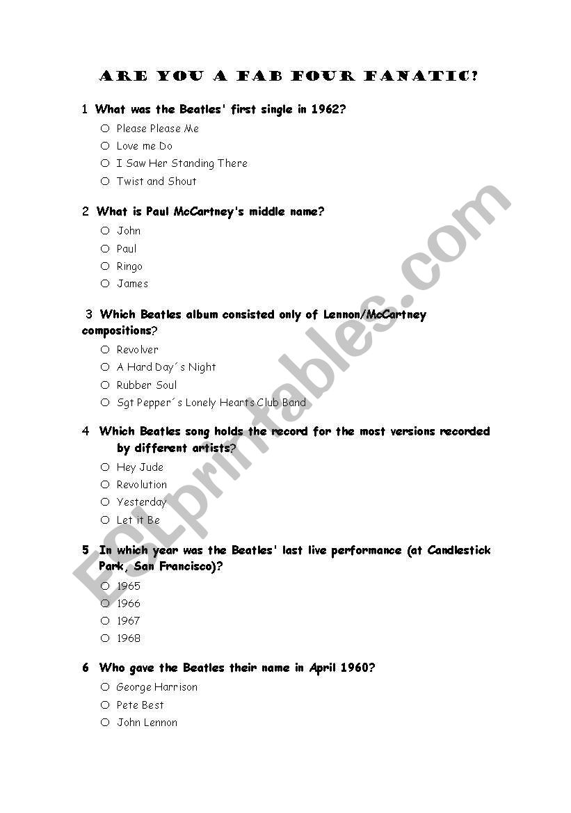 fAB FOUR worksheet