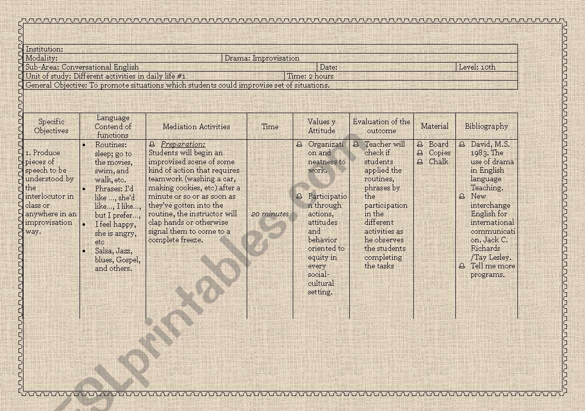 3 Improvisation  Lesson Plans worksheet