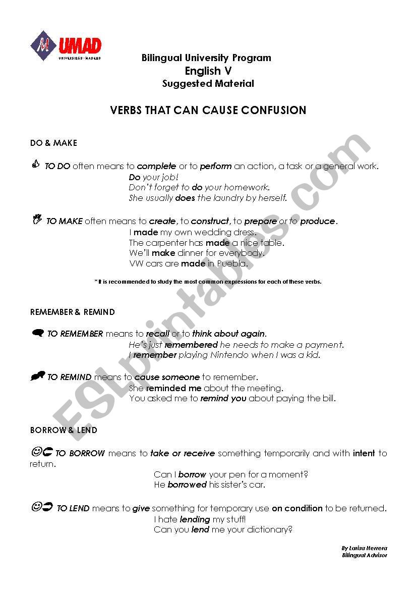 Confusing Verbs worksheet