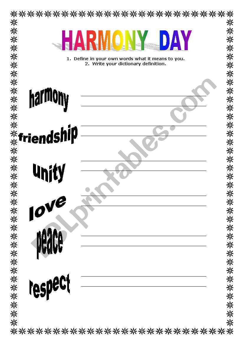 Harmony Day Vocab worksheet