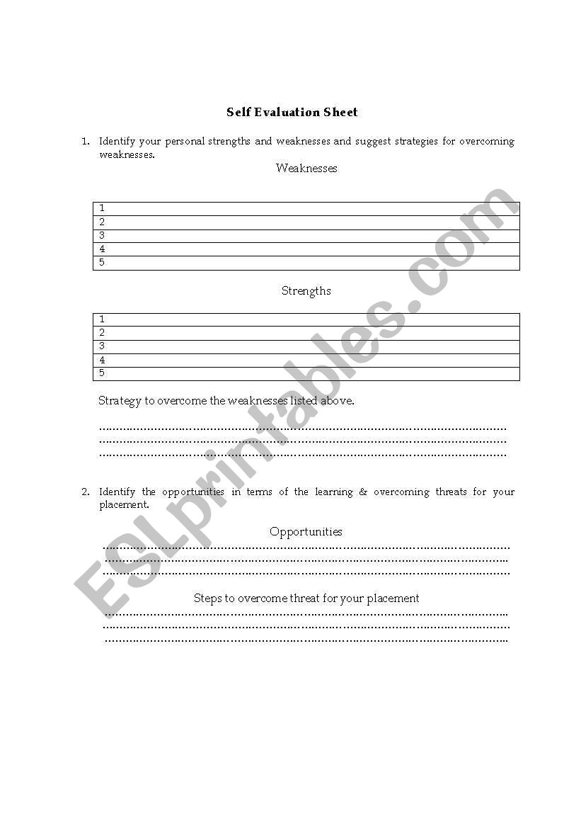 Self Evaluation worksheet