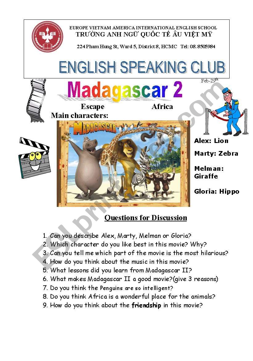 Madagascar movie 2 worksheet