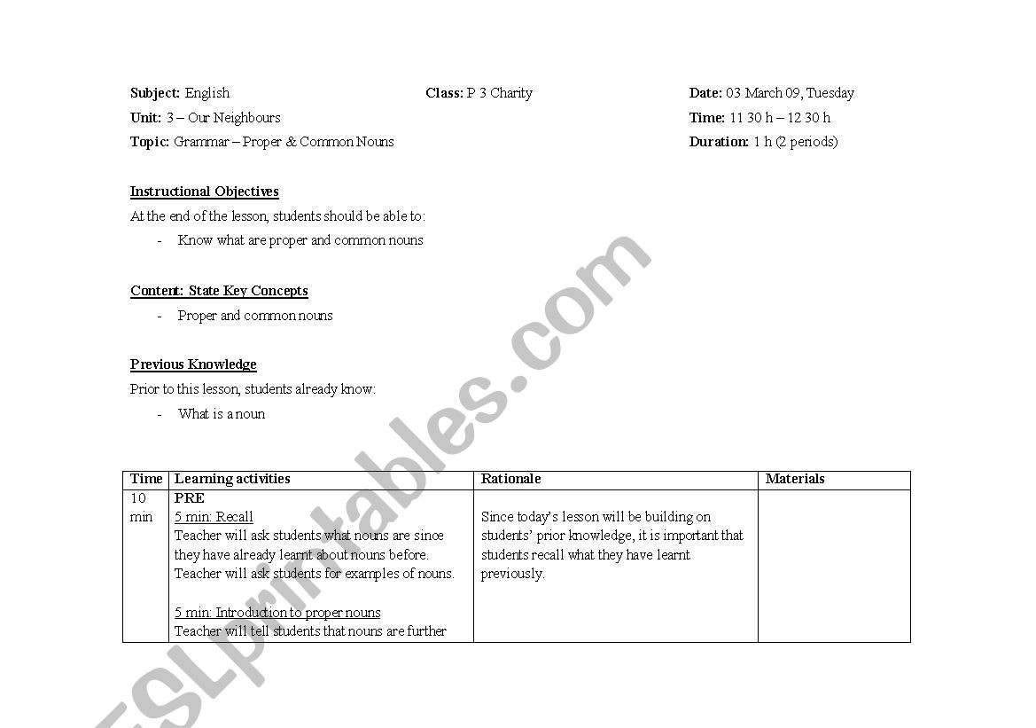 proper nouns - lesson plan worksheet