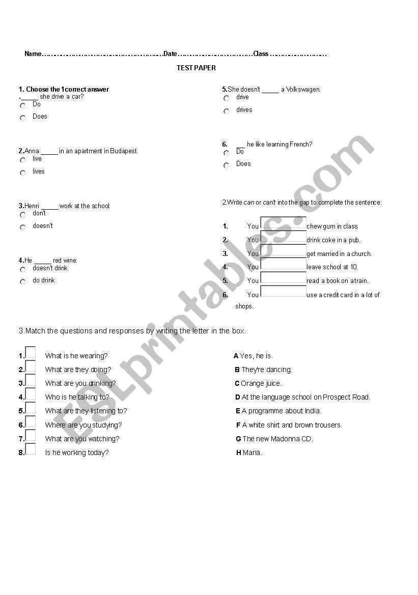 Test paper worksheet