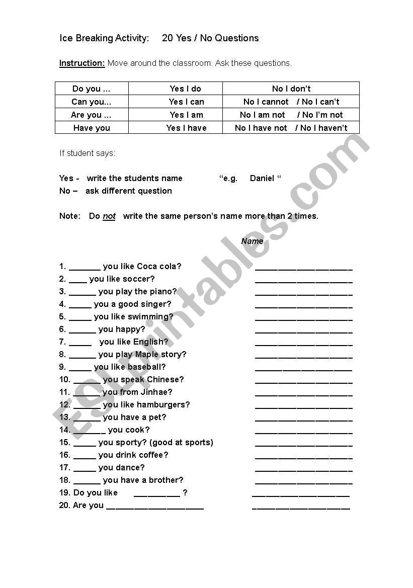 Ice Breaking Activity worksheet