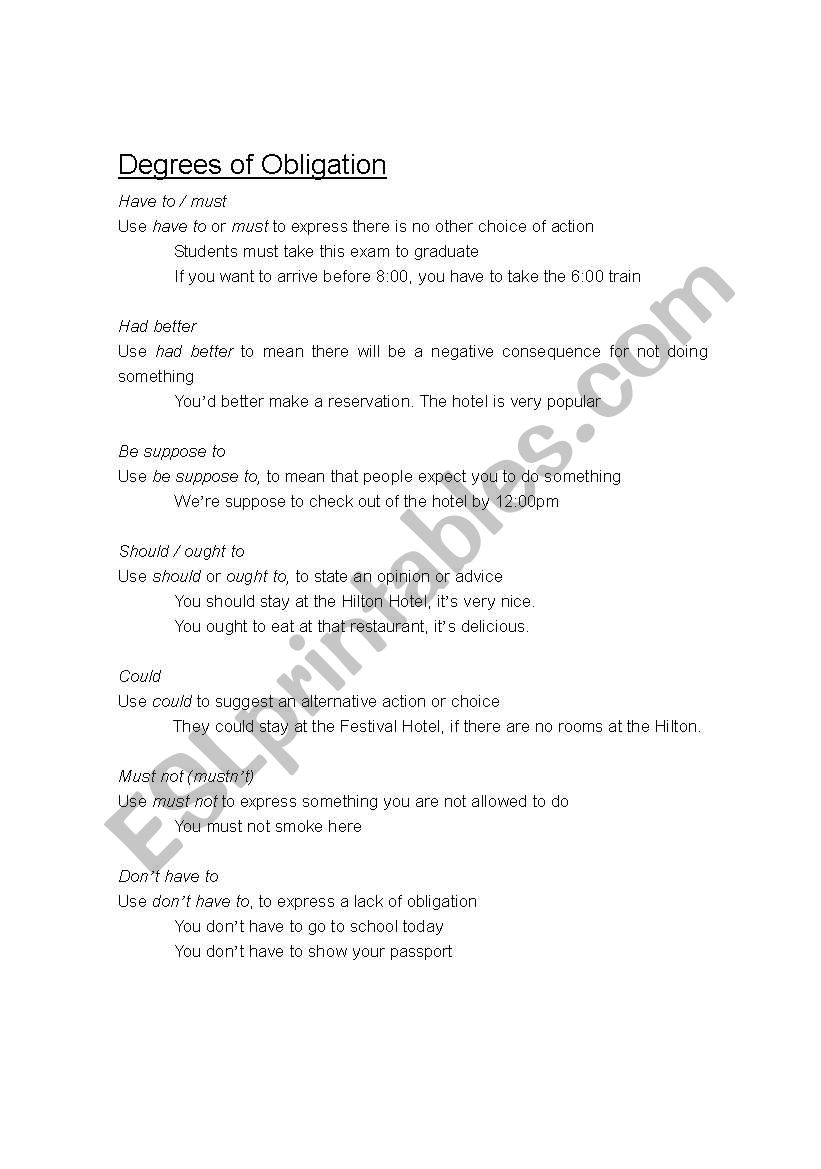 Degrees of obligation worksheet