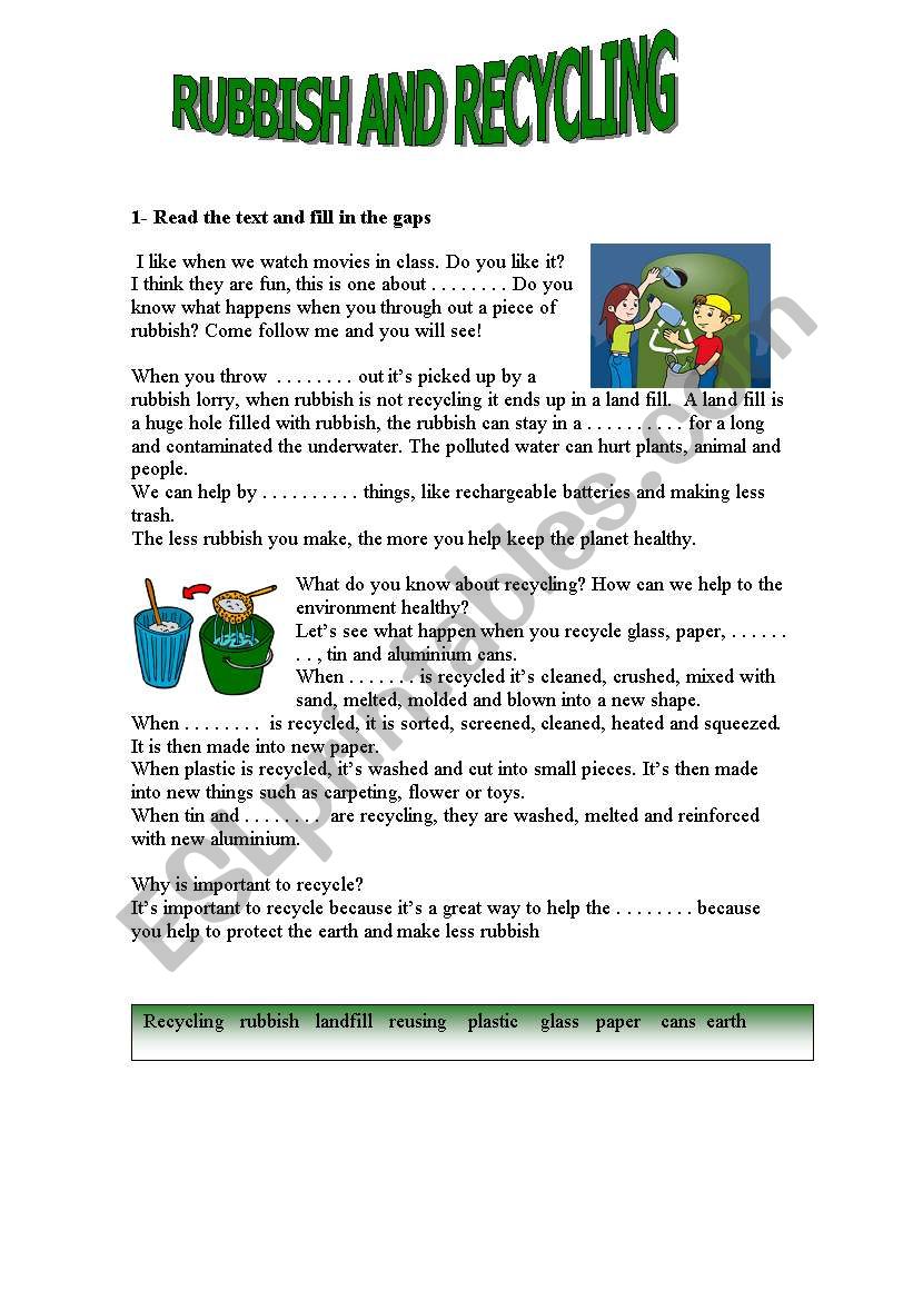 rubbish and recycling worksheet