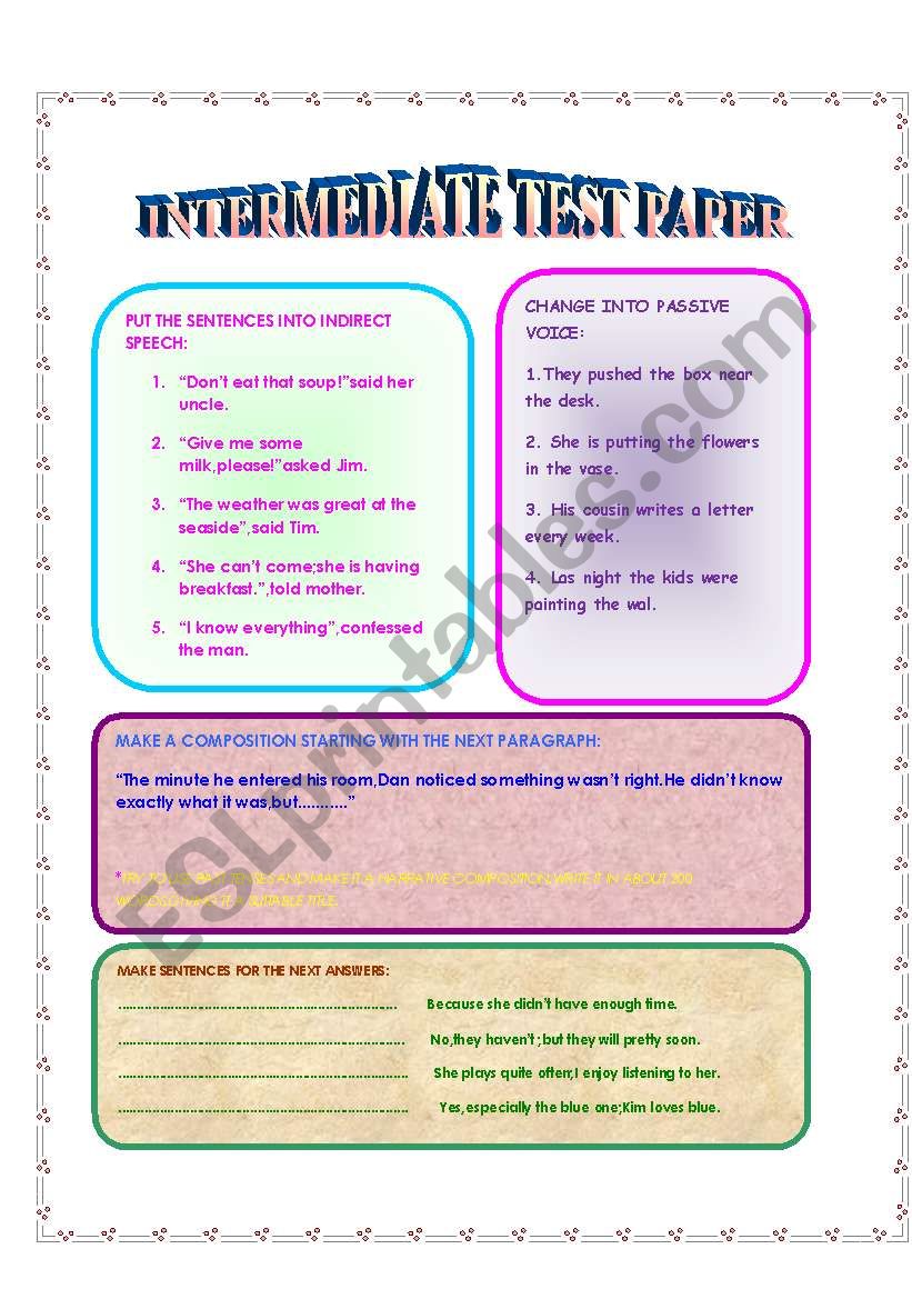 intermediate test paper worksheet