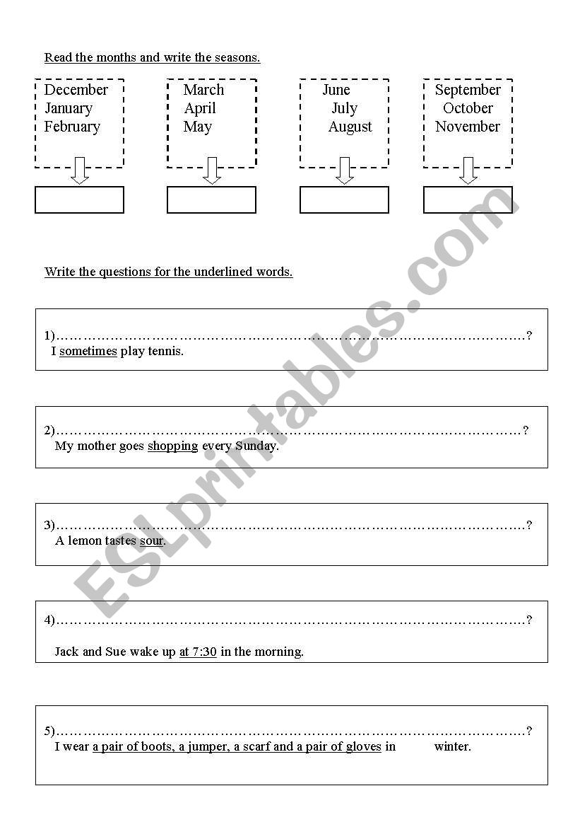 seasons months and questions worksheet