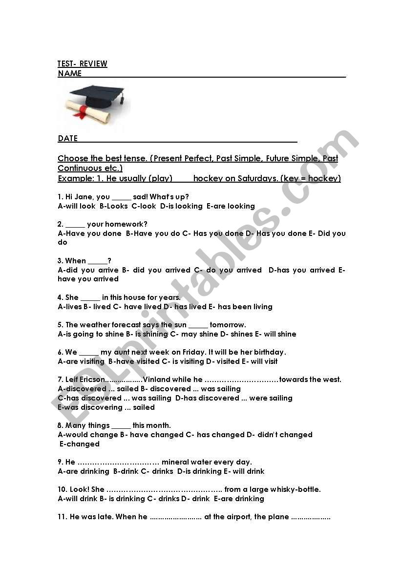 test on verb tenses worksheet