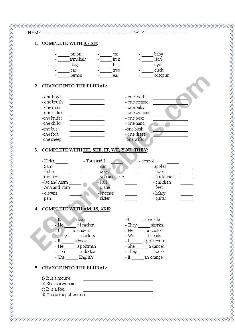 A / an worksheet