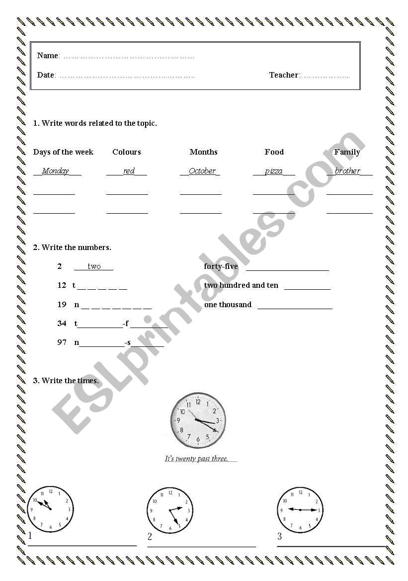 Diagnostic Test (Adults) worksheet