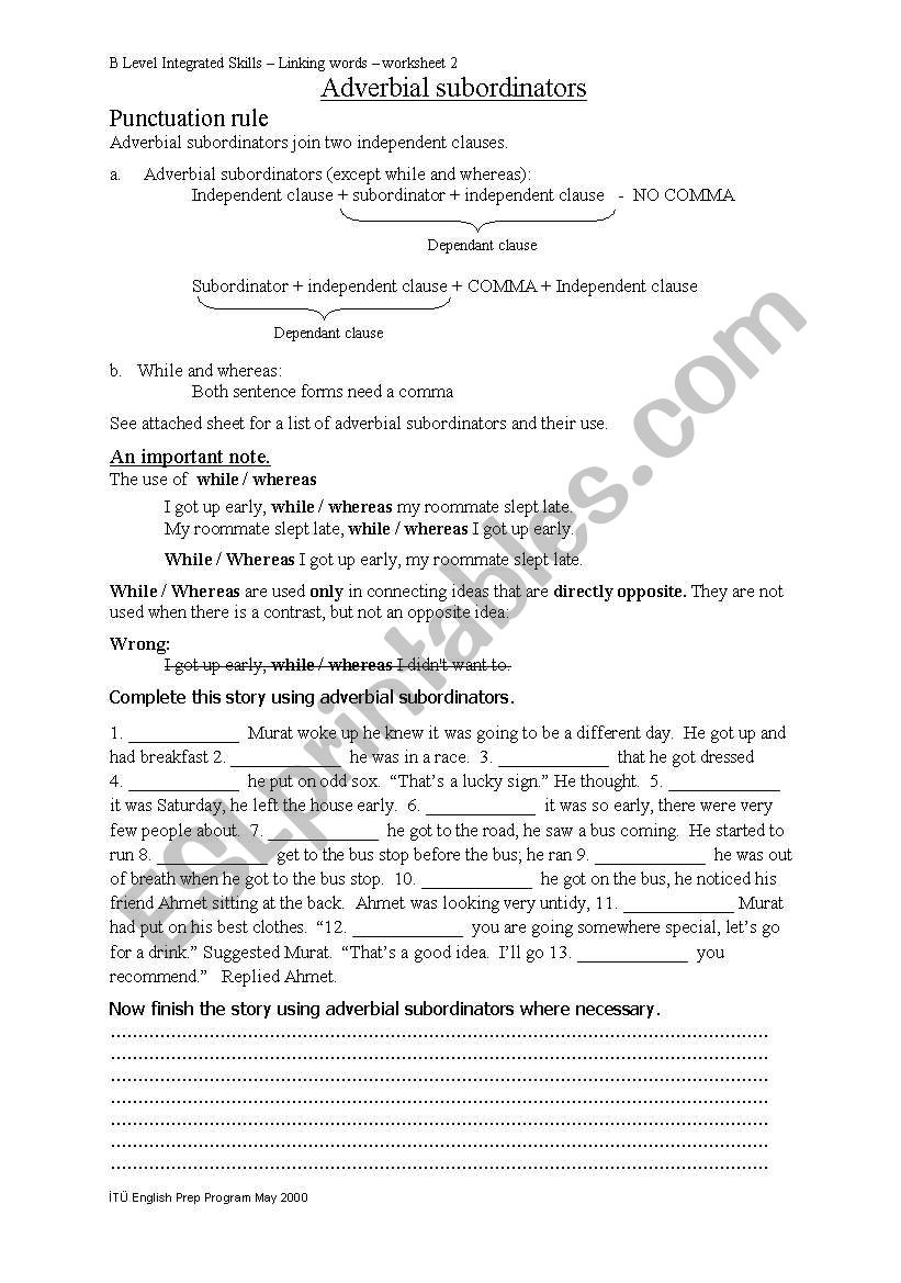 adverbial subordinators worksheet