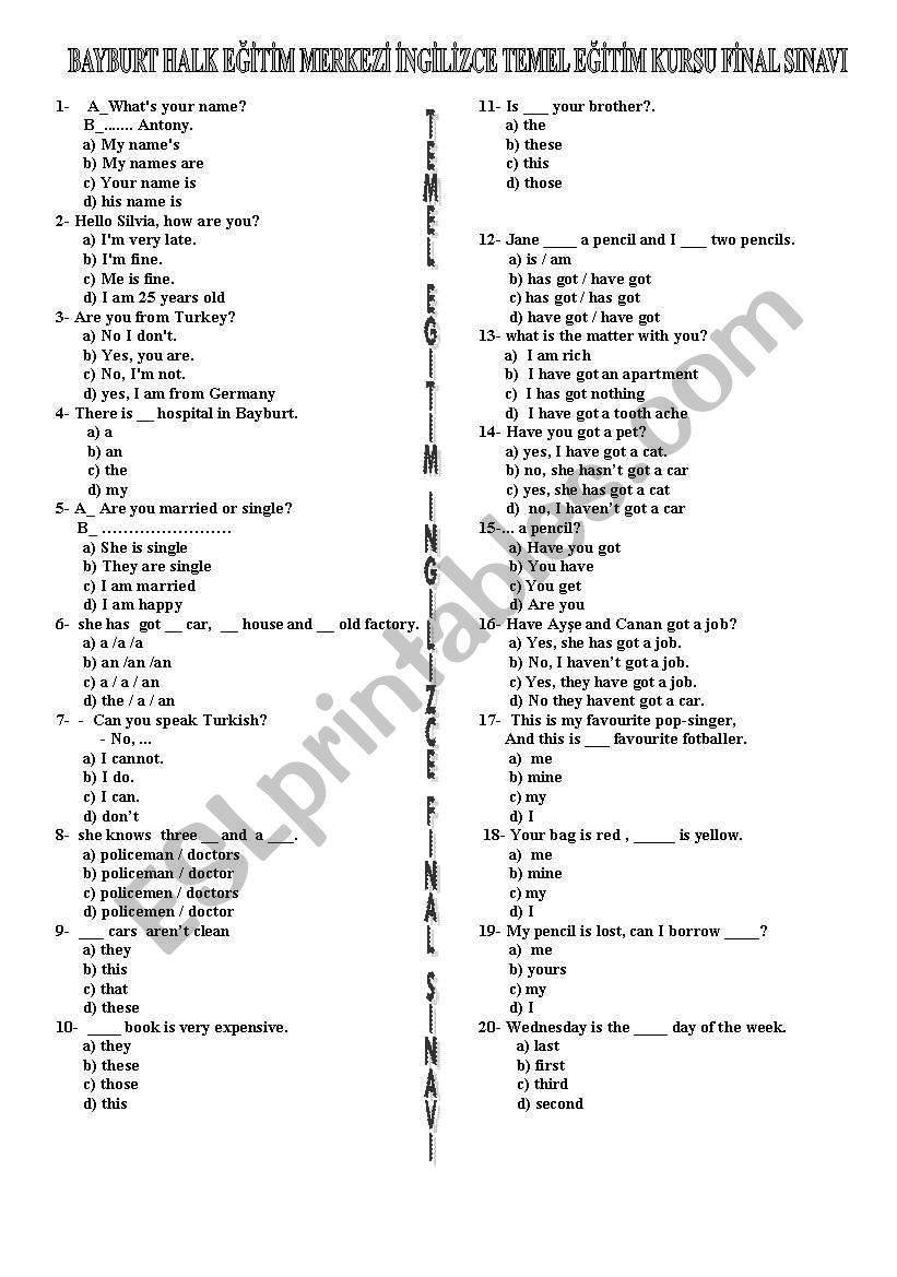 general revision test worksheet