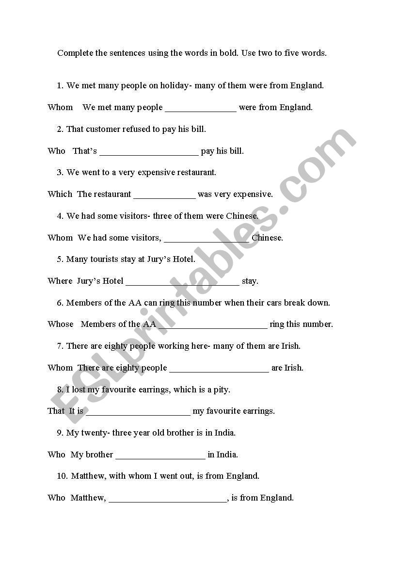 relative pronoun worksheet
