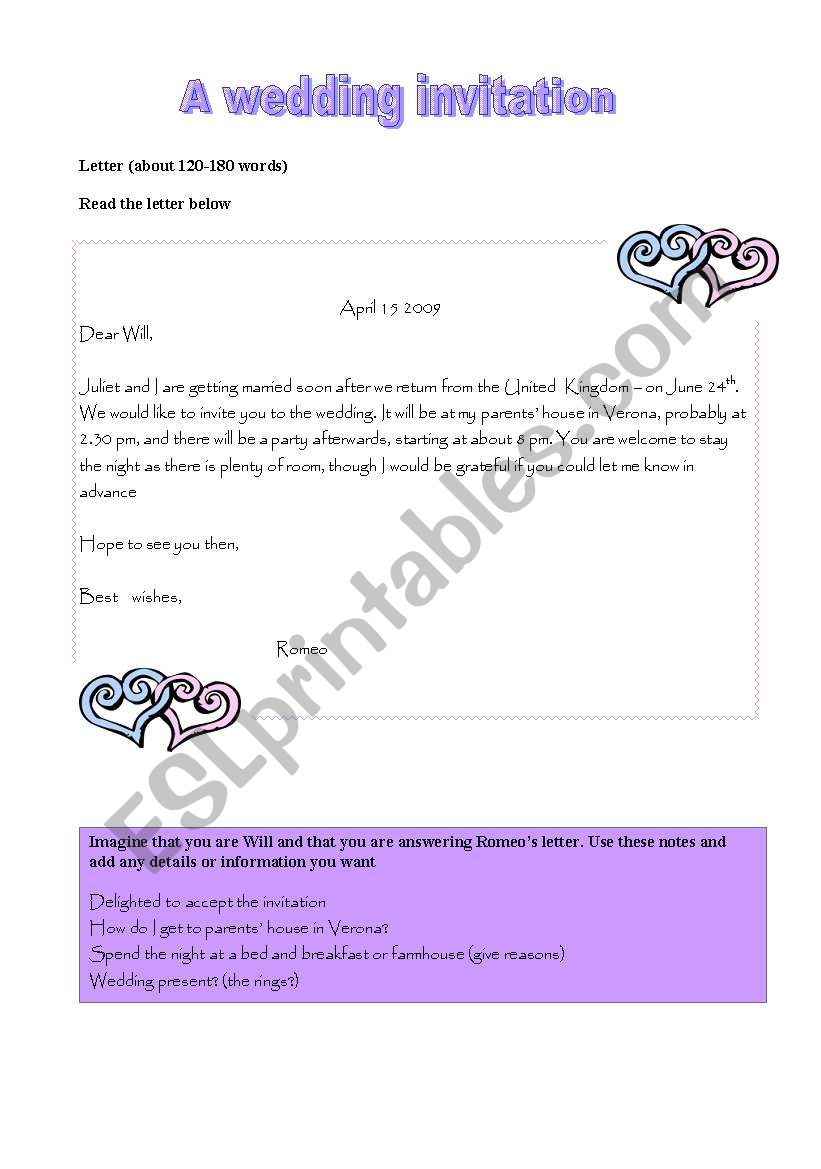 A wedding invitation worksheet