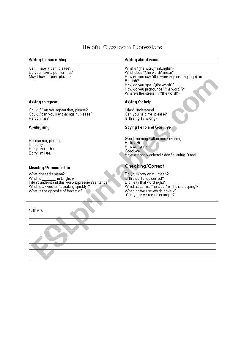 Helpful Classroom Expressions worksheet