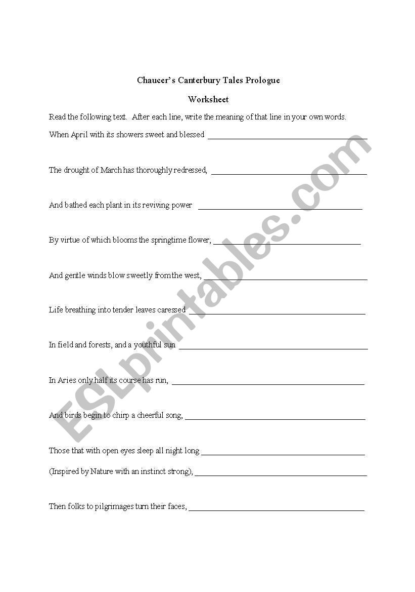 Chaucers Canterbury Tales reading assessment worksheet