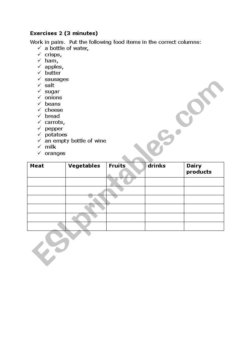 food table worksheet