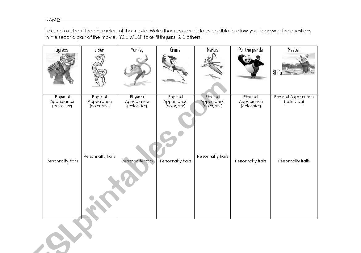 Kunf Fu PAnda - Characters worksheet