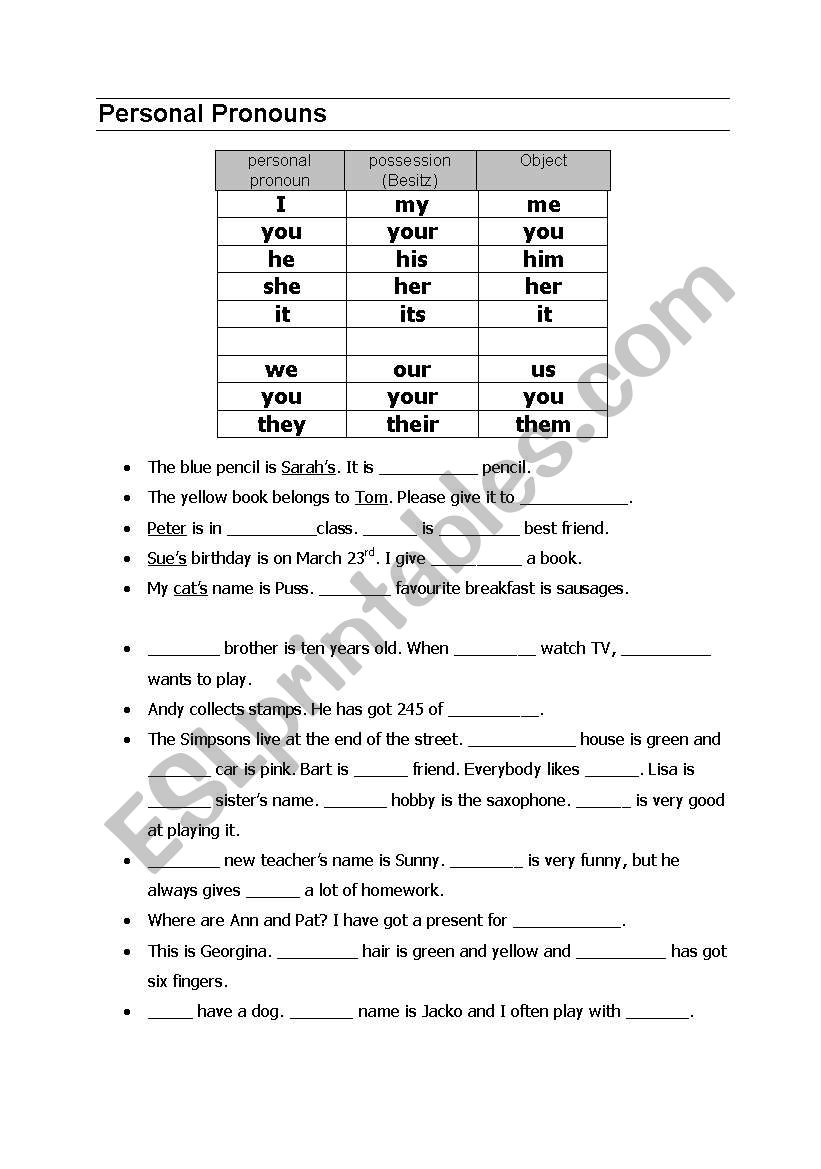 personal pronouns worksheet