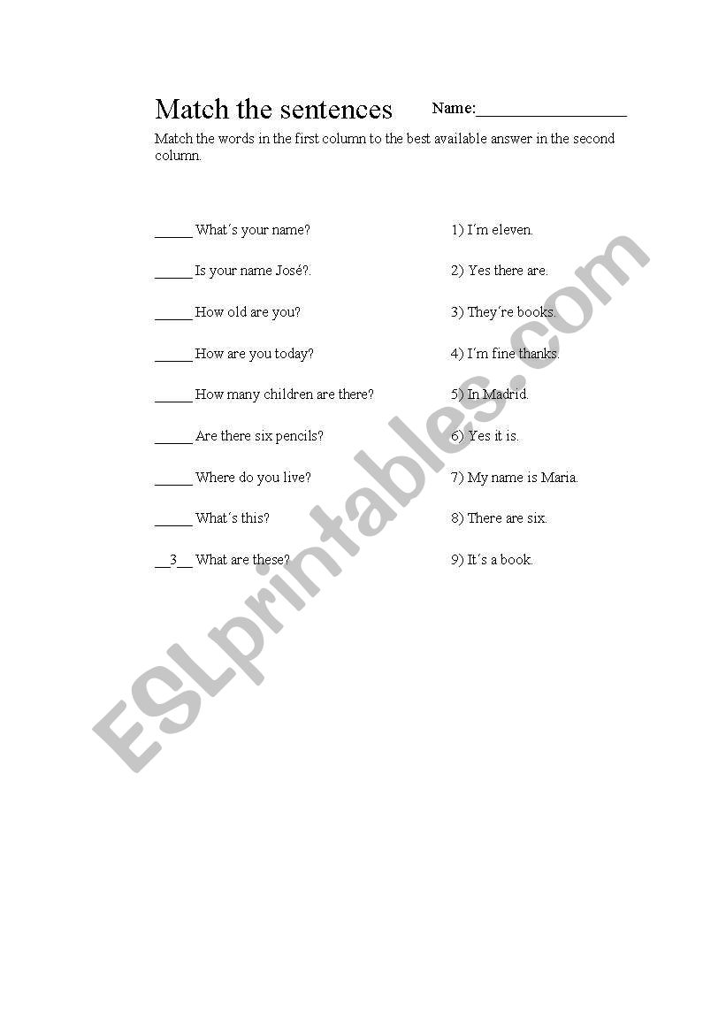 Match the sentences worksheet