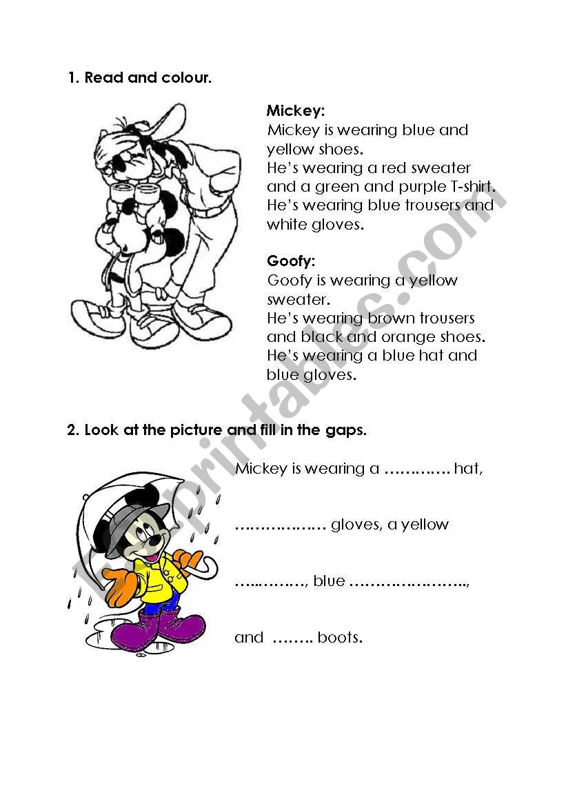 Clothes worksheet, read and colour + look and write