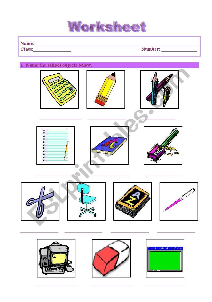 school objects worksheet