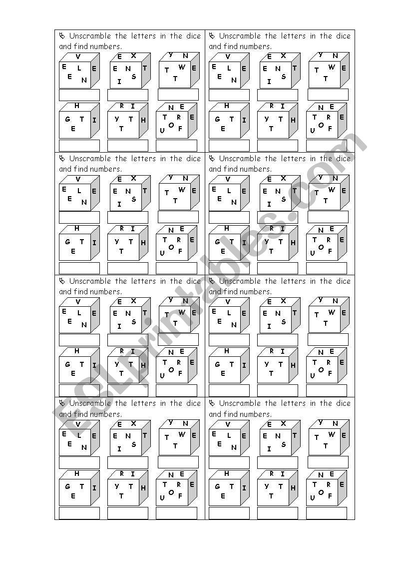 Numbers dice worksheet