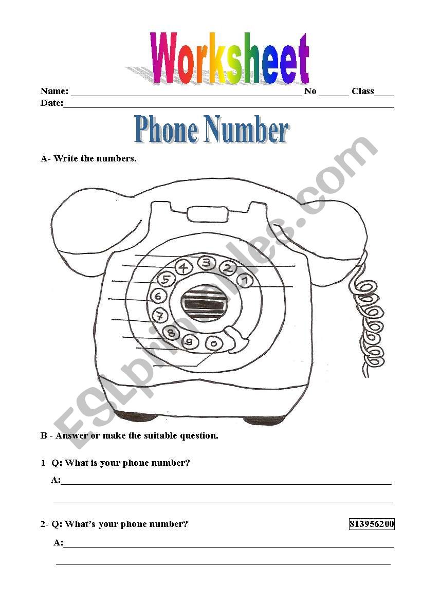 phone number worksheet