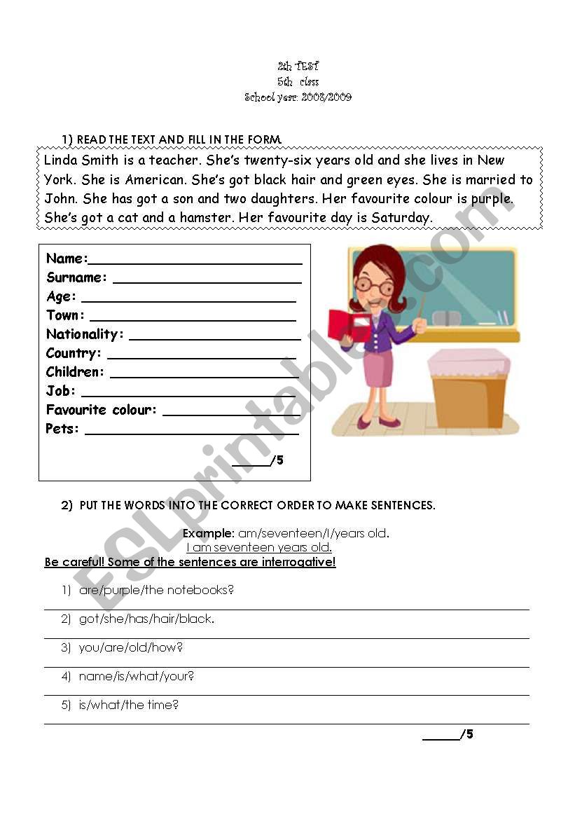 TEST- 5th class - 4 pages worksheet