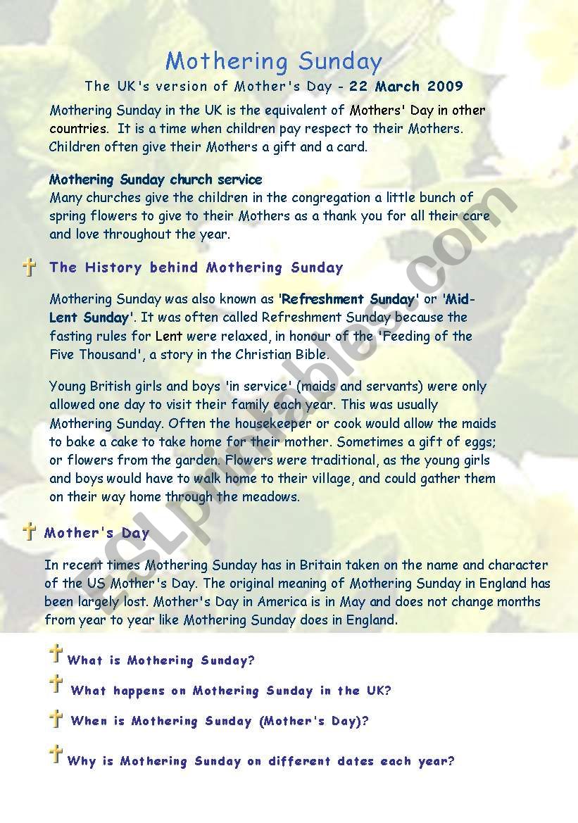 mothering sunday worksheet