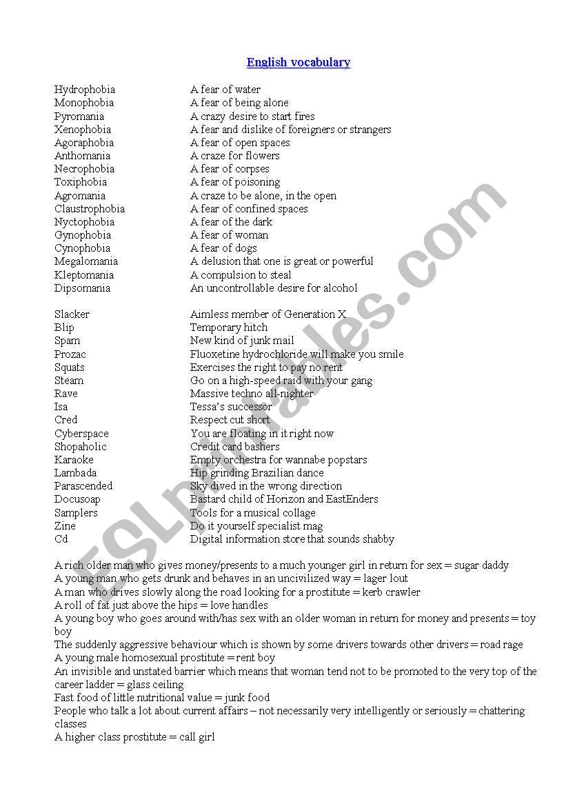 english vocabulary worksheet