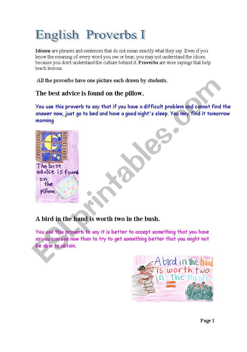 English Proverbs -Illustrated worksheet