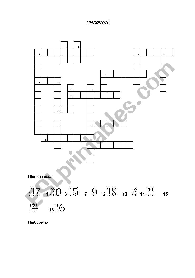 Numbers from 0 - 20 crossword worksheet