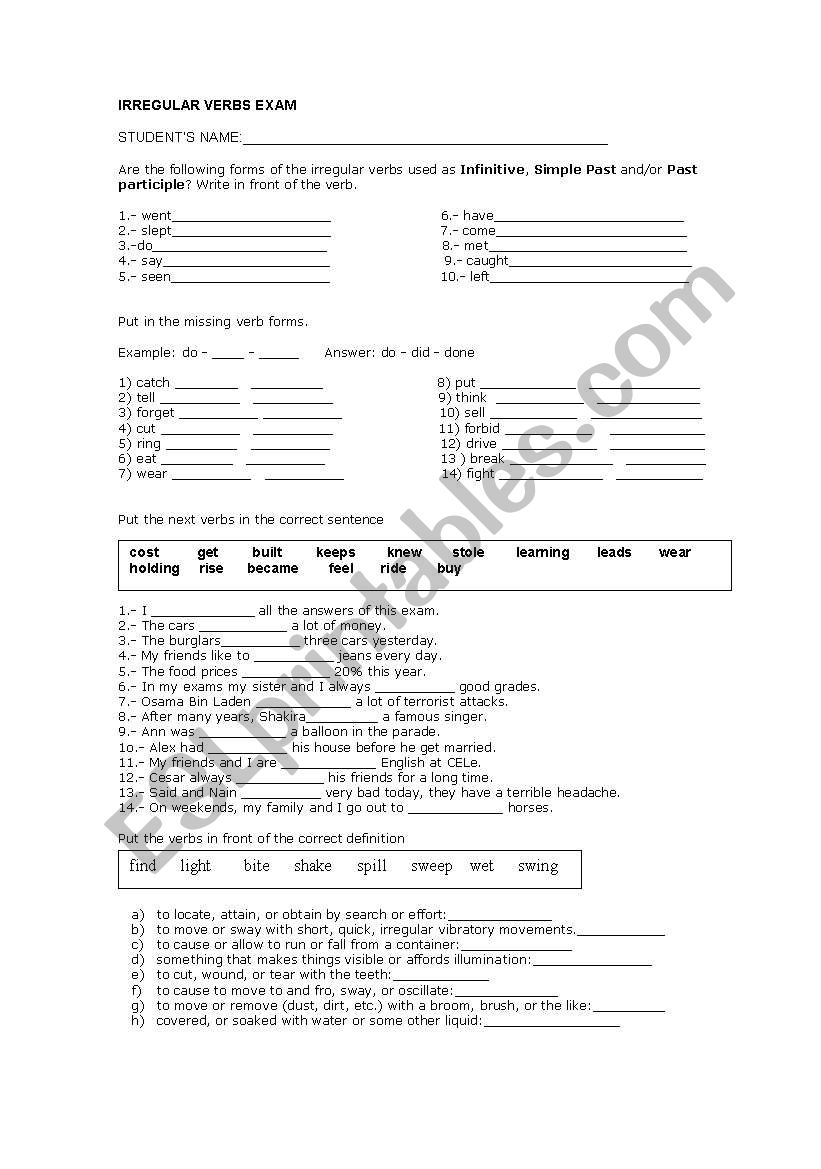 irregular verbs worksheet