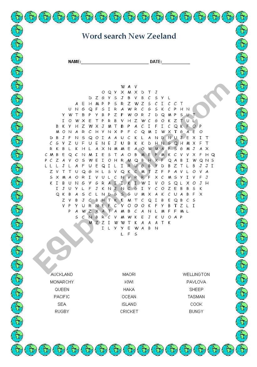 WordSearch New Zealand worksheet