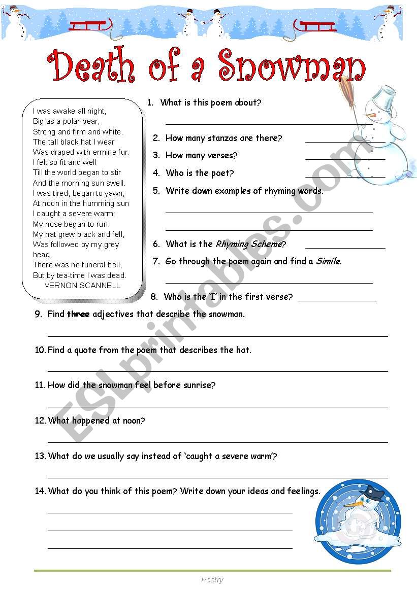 Poetry - Death of a Snowman worksheet