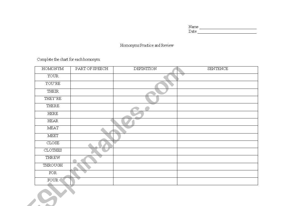 Homonym Practice worksheet