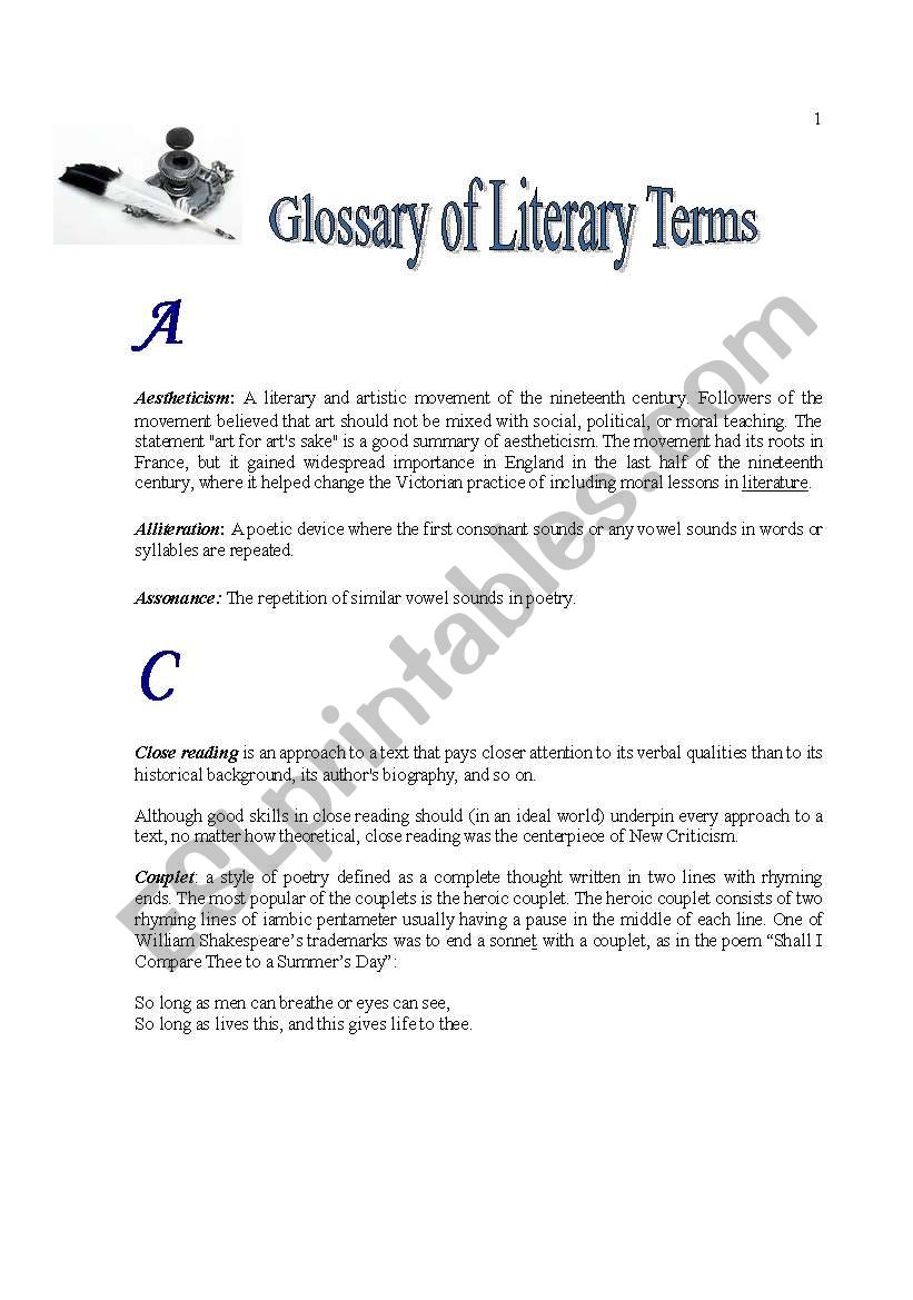 Glossary of Literary Terms worksheet