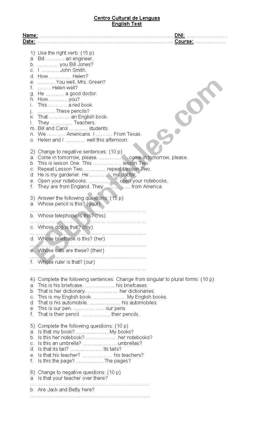 English test worksheet